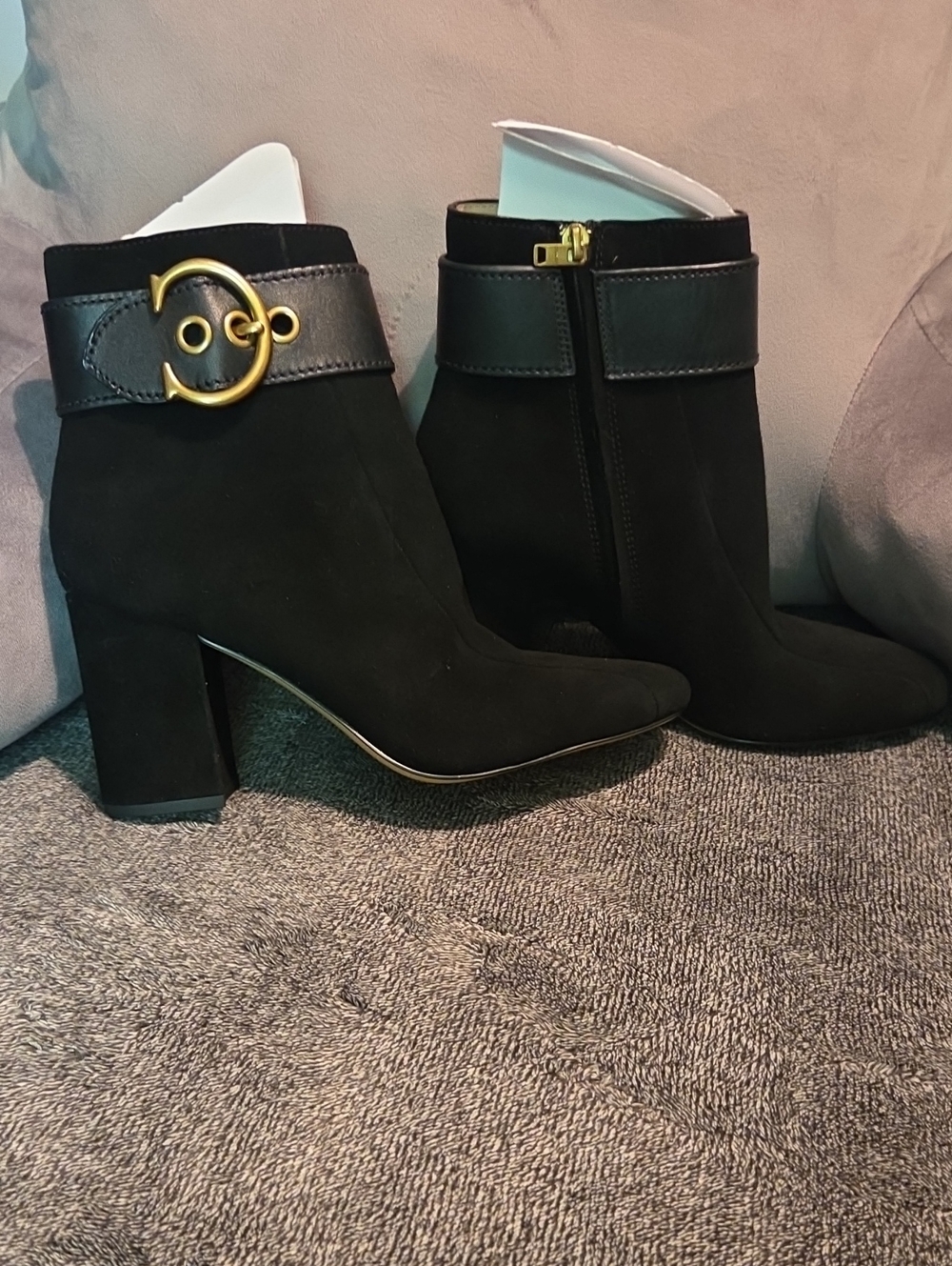 Women’s Black Suede Ankle Boots with Gold Buckle